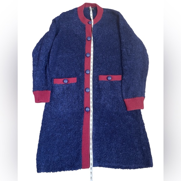 J. Crew wine contrast trim navy longline boucle Sherpa midi cardigan duster - Picture 4 of 7